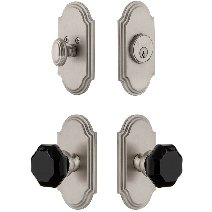 Arc Plate with Lyon Knob and matching Deadbolt in Satin Nickel
