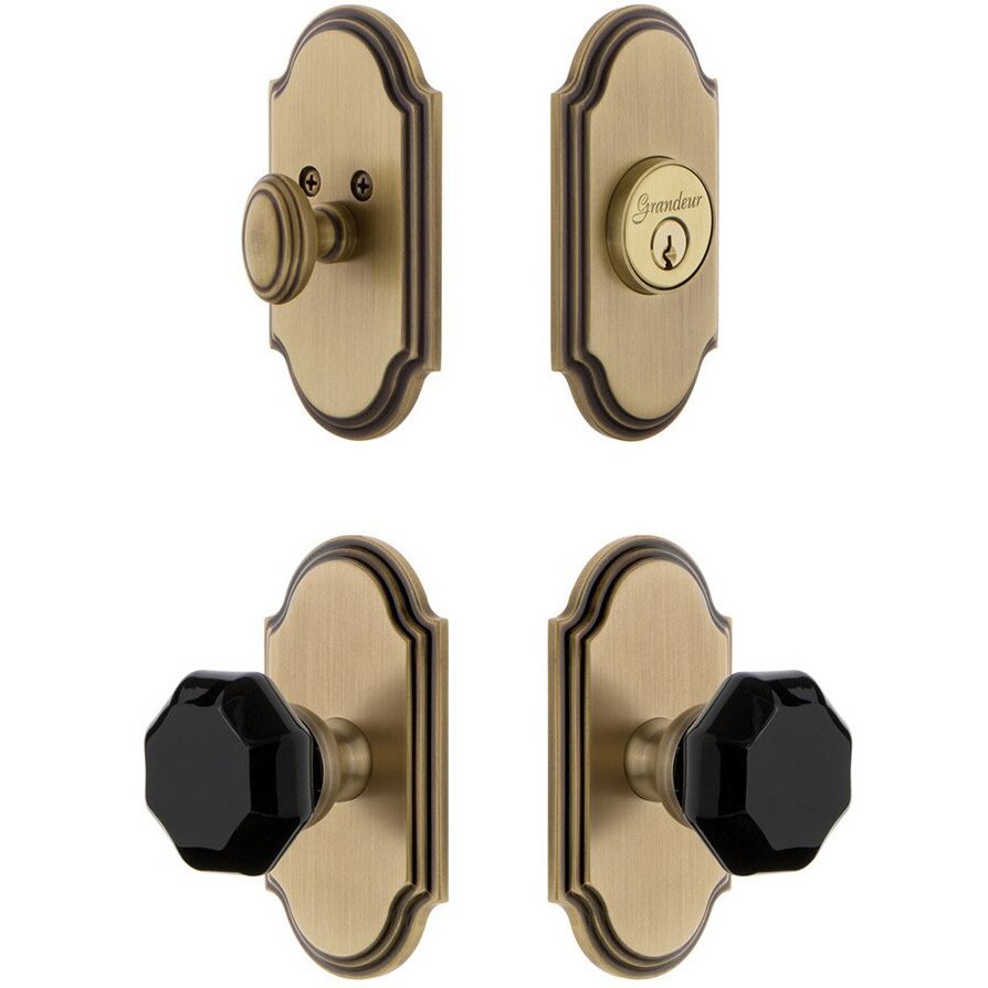 Arc Plate with Lyon Knob and matching Deadbolt in Vintage Brass