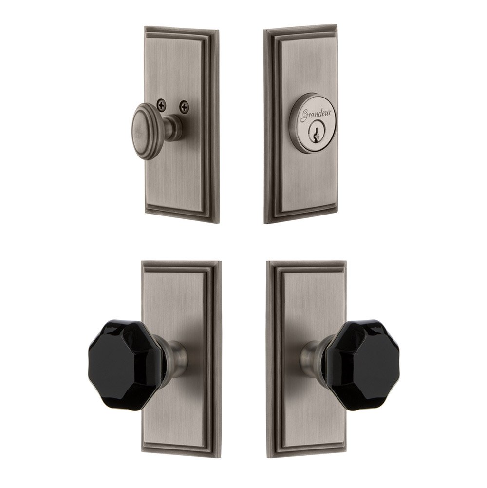 Carre Plate with Lyon Knob and matching Deadbolt in Antique Pewter