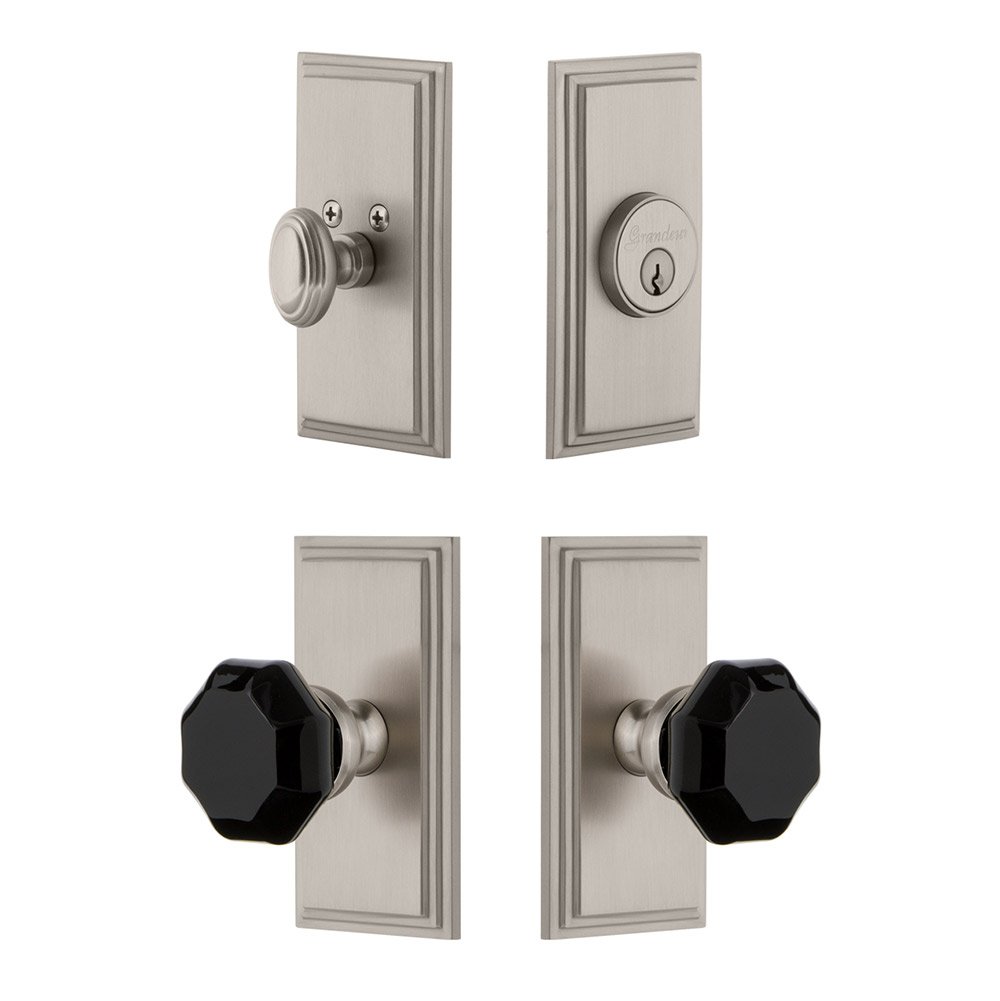 Carre Plate with Lyon Knob and matching Deadbolt in Satin Nickel