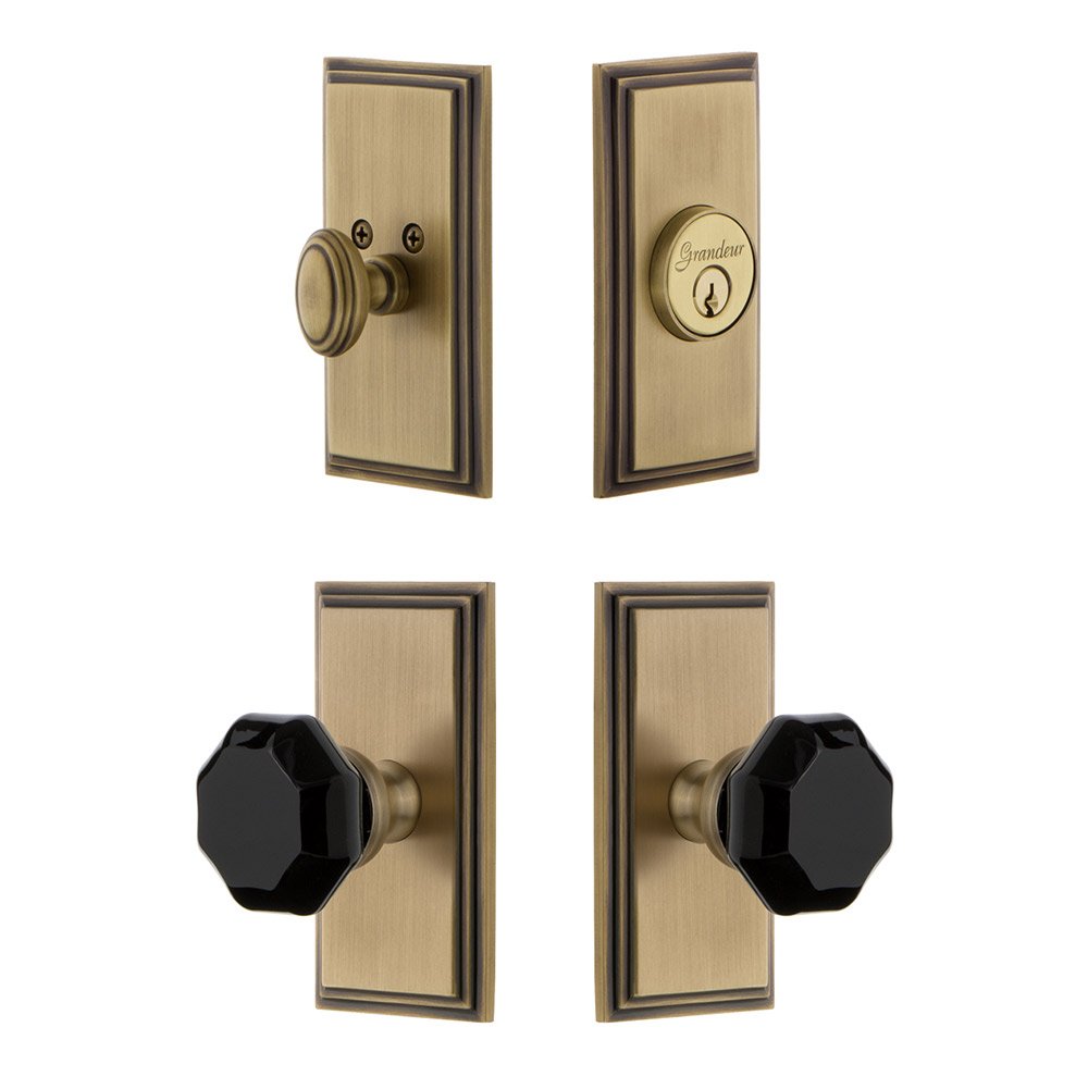 Carre Plate with Lyon Knob and matching Deadbolt in Vintage Brass