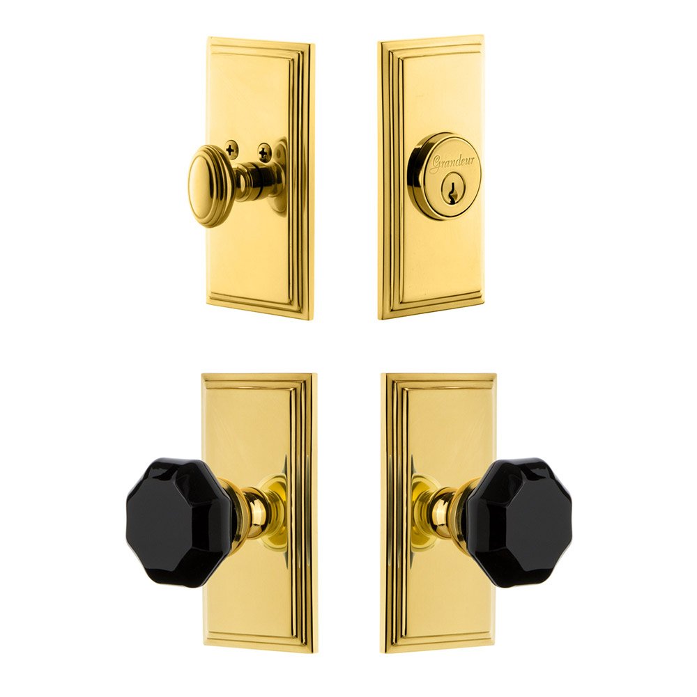 Carre Plate with Lyon Knob and matching Deadbolt in Lifetime Brass