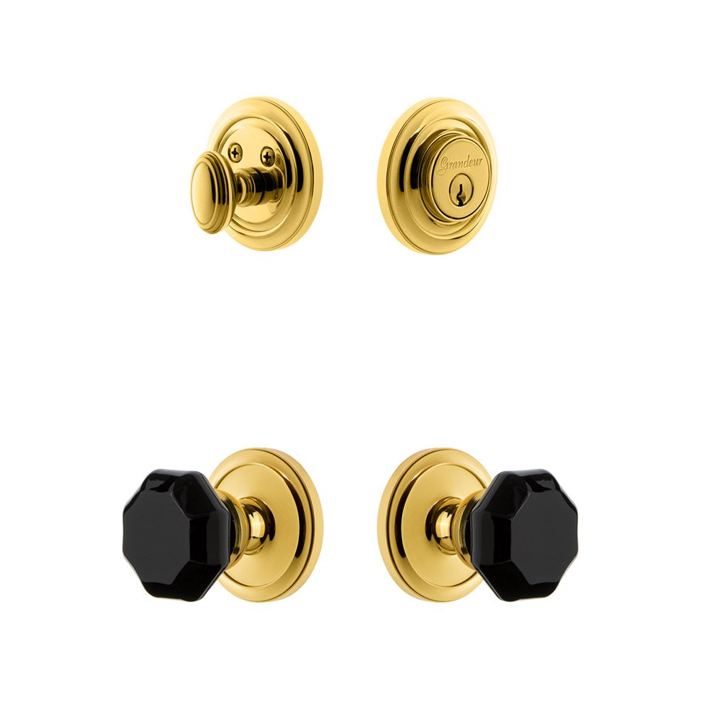Circulaire Rosette with Lyon Knob and matching Deadbolt in Lifetime Brass