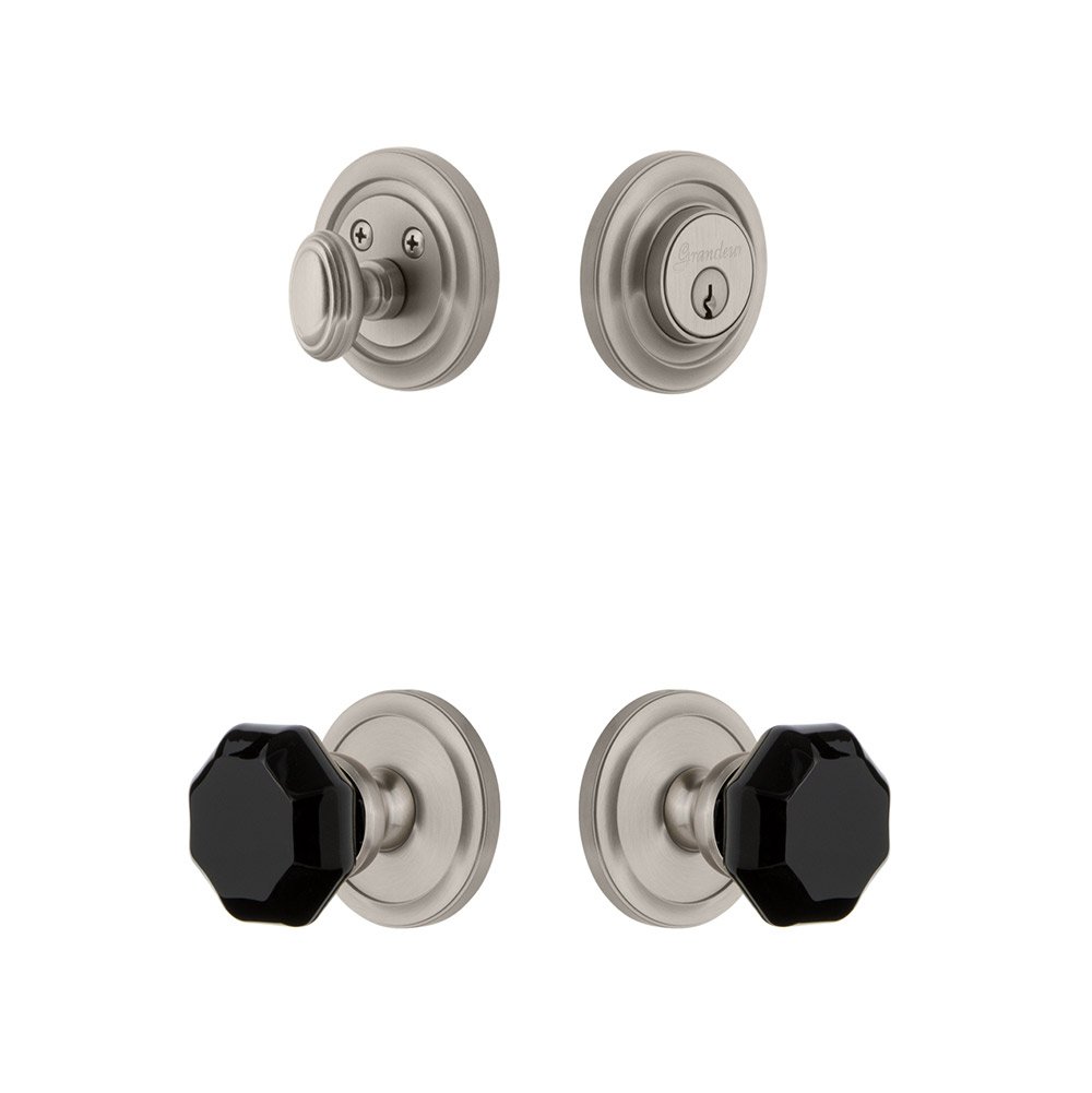 Circulaire Rosette with Lyon Knob and matching Deadbolt in Satin Nickel