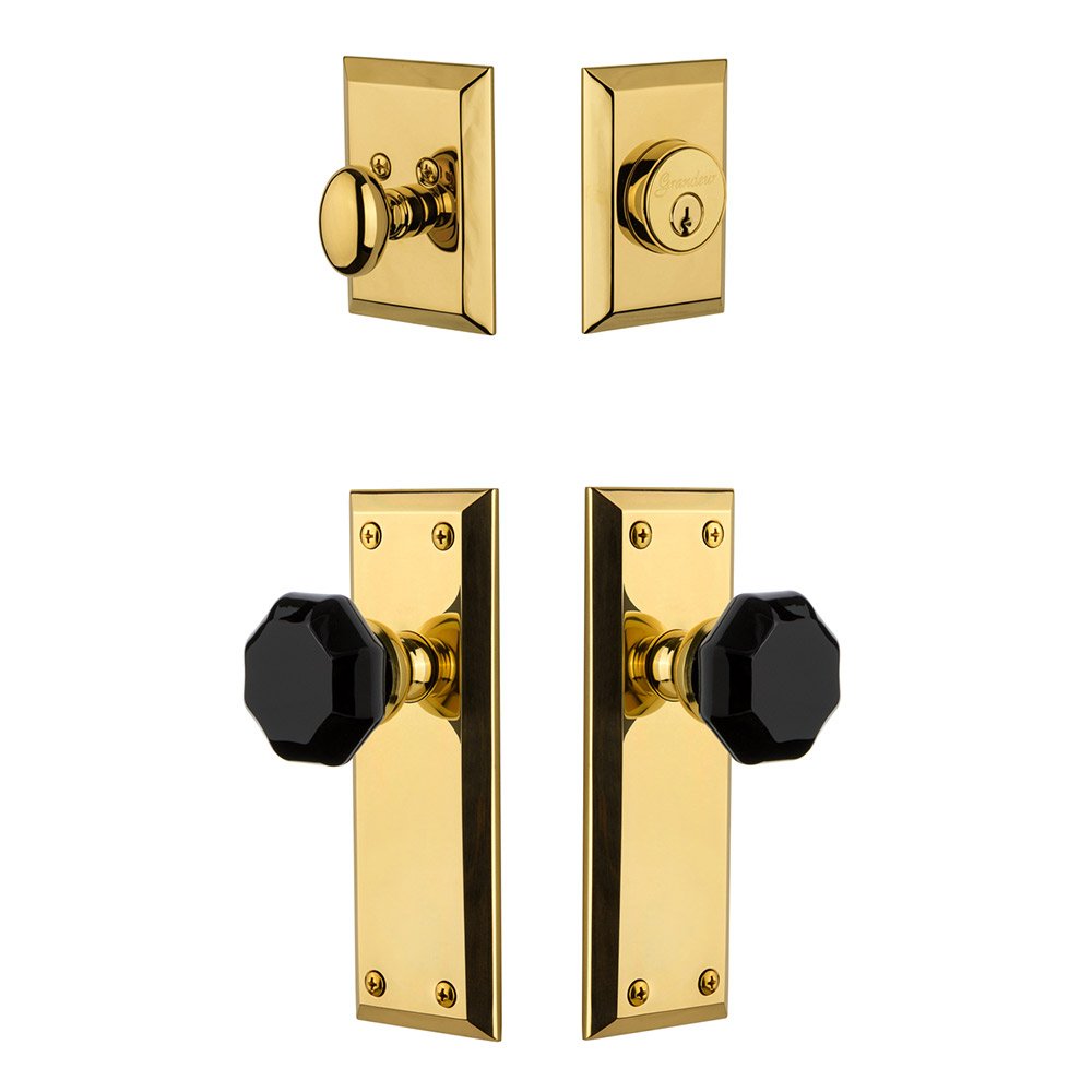 Fifth Avenue Plate with Lyon Knob and matching Deadbolt in Lifetime Brass