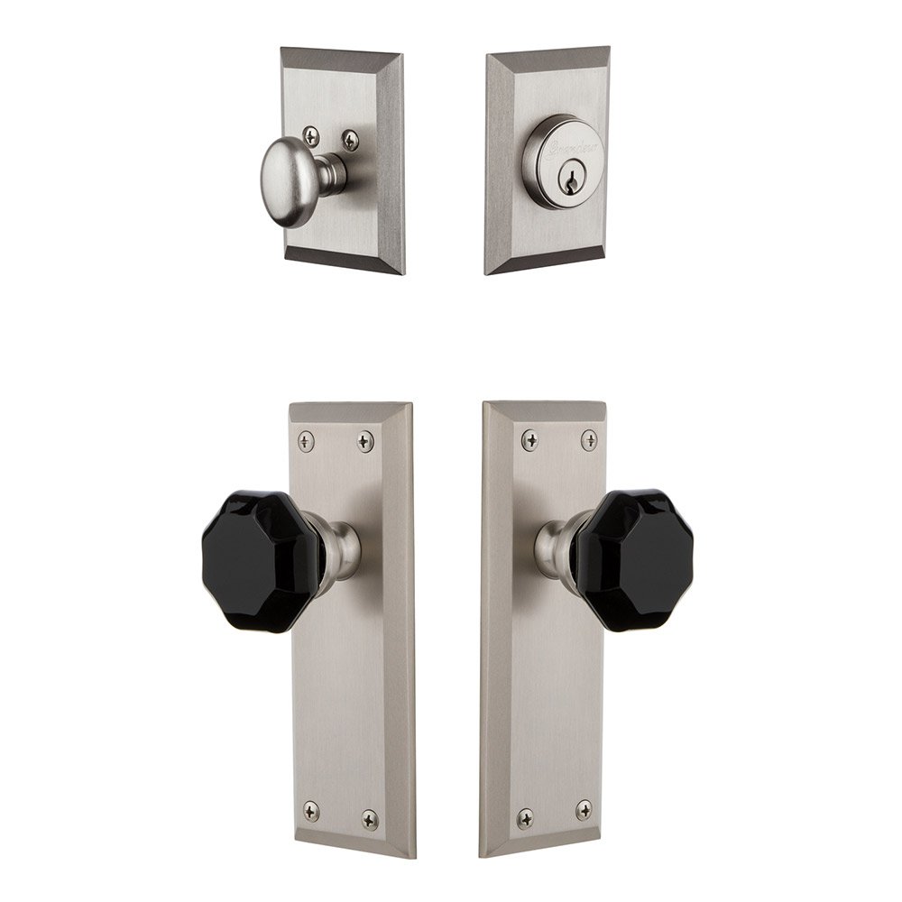 Fifth Avenue Plate with Lyon Knob and matching Deadbolt in Satin Nickel