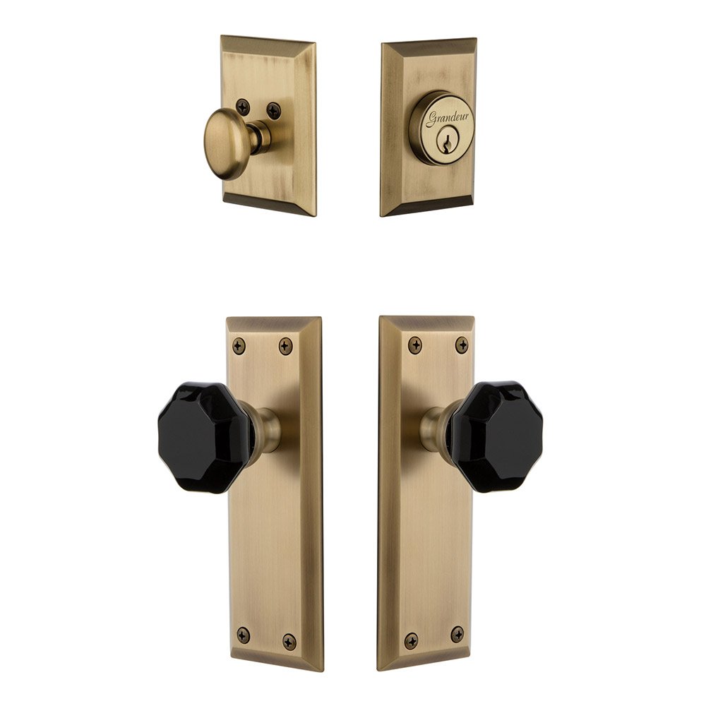 Fifth Avenue Plate with Lyon Knob and matching Deadbolt in Vintage Brass