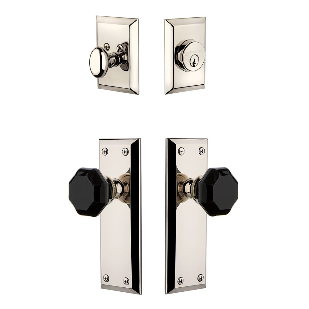 Fifth Avenue Plate with Lyon Knob and matching Deadbolt in Polished Nickel