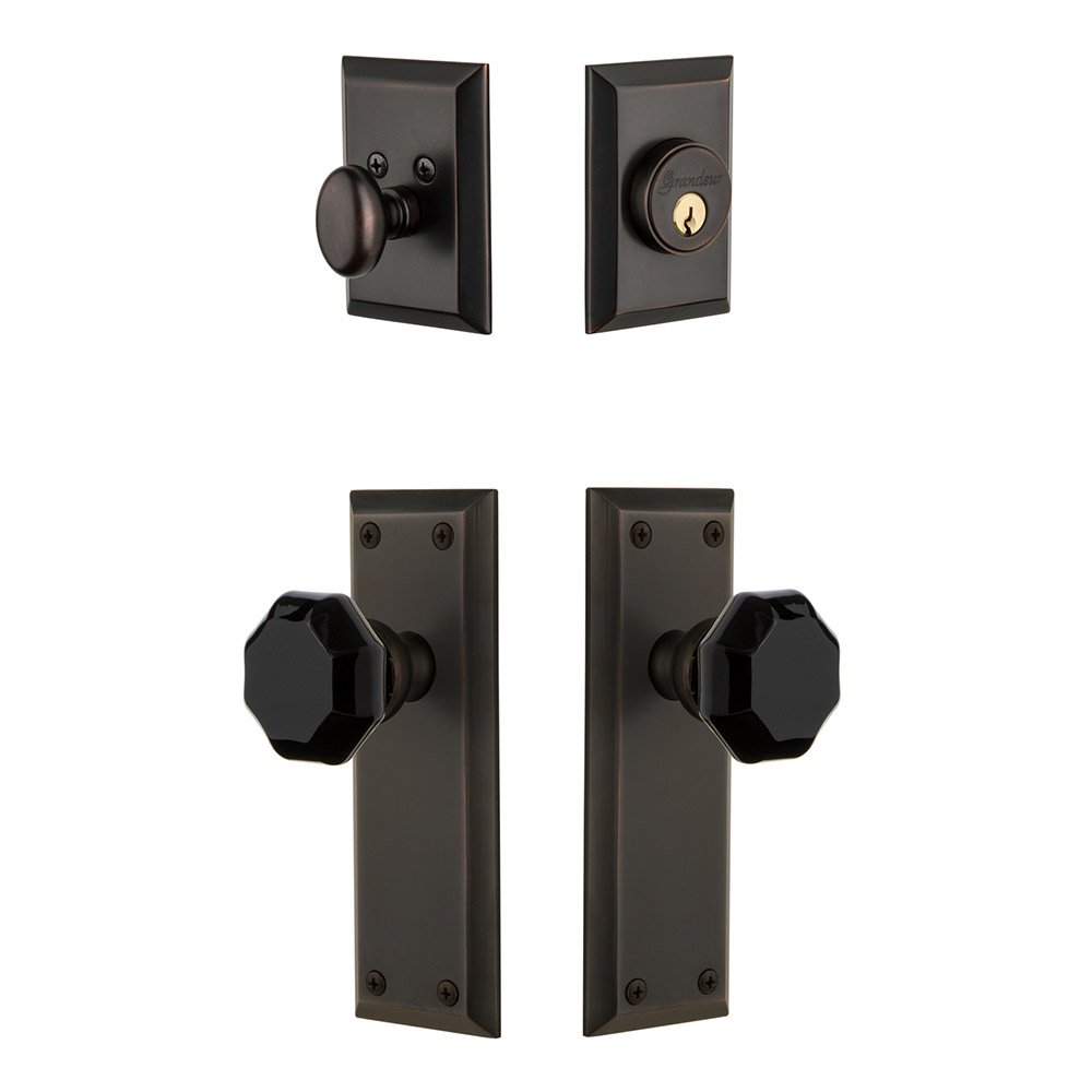 Fifth Avenue Plate with Lyon Knob and matching Deadbolt in Timeless Bronze