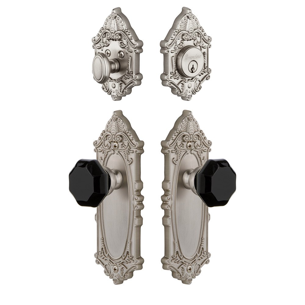 Grande Victorian Plate with Lyon Knob and matching Deadbolt in Satin Nickel