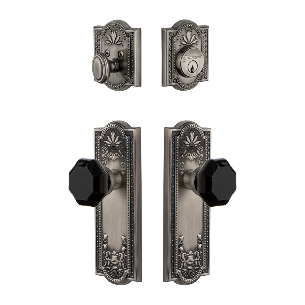 Parthenon Plate with Lyon Knob and matching Deadbolt in Antique Pewter