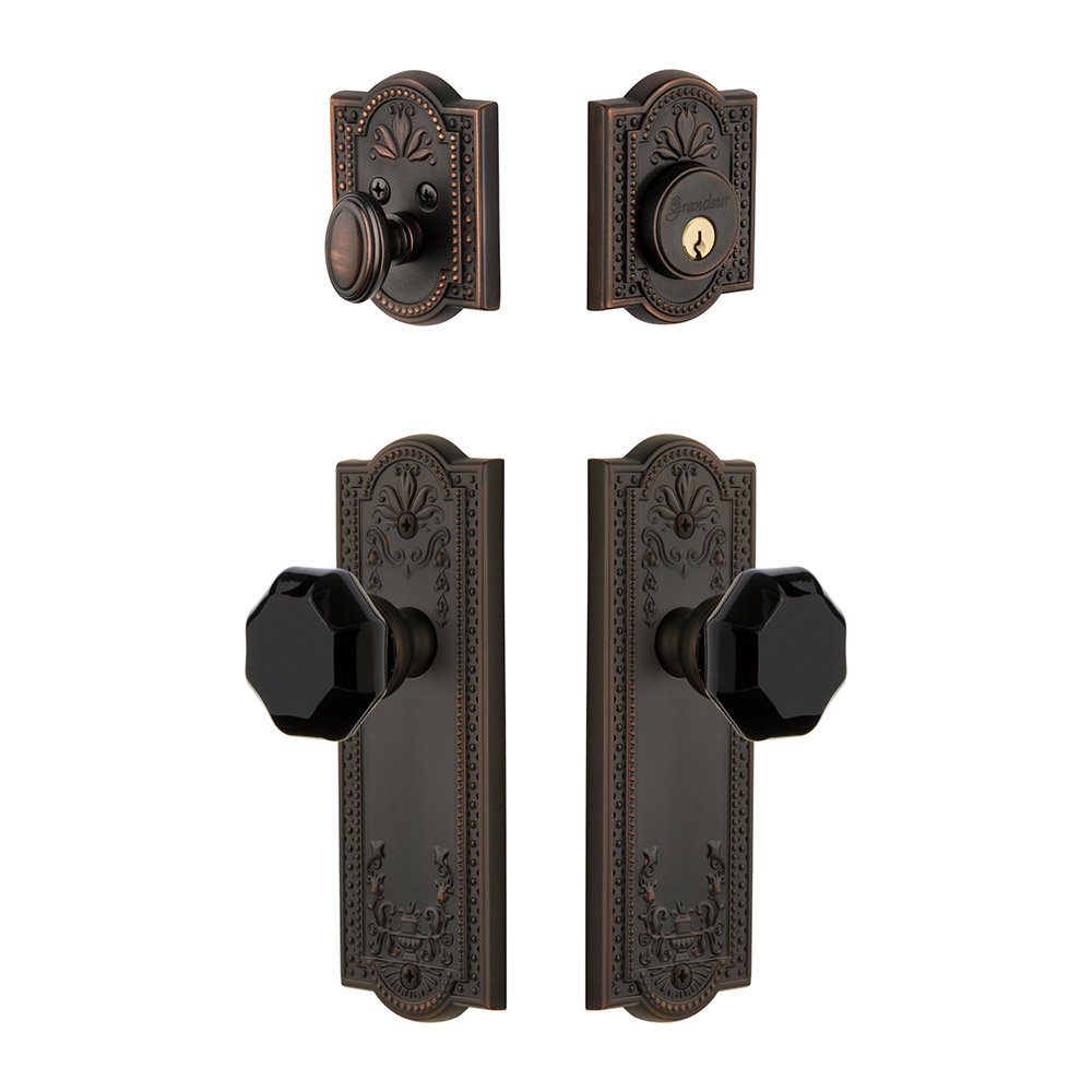 Parthenon Plate with Lyon Knob and matching Deadbolt in Timeless Bronze