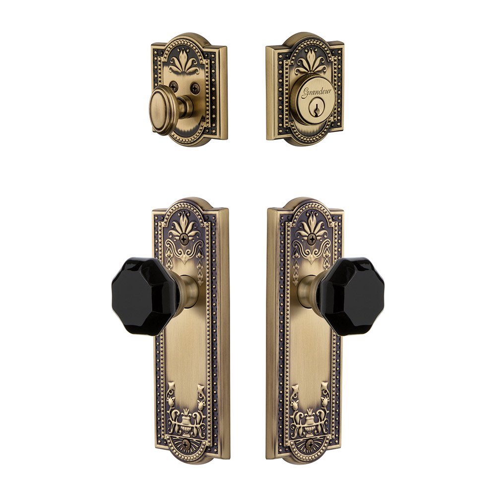 Parthenon Plate with Lyon Knob and matching Deadbolt in Vintage Brass