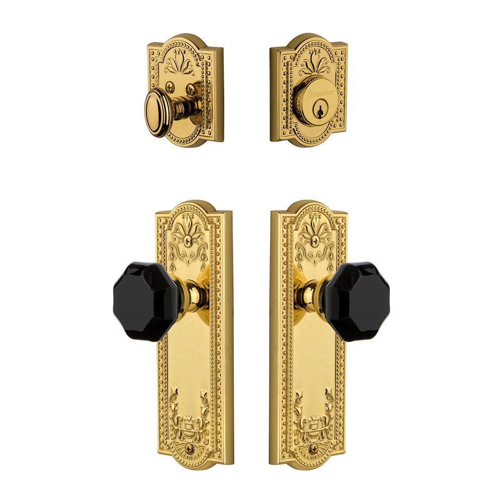 Parthenon Plate with Lyon Knob and matching Deadbolt in Lifetime Brass