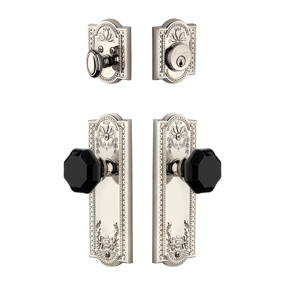 Parthenon Plate with Lyon Knob and matching Deadbolt in Polished Nickel
