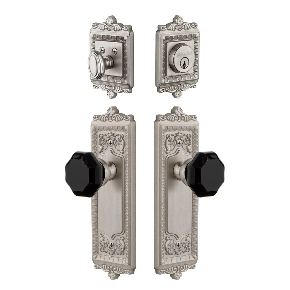 Windsor Plate with Lyon Knob and matching Deadbolt in Satin Nickel
