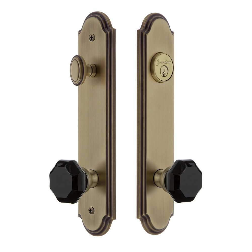 Arc Tall Plate Handleset with Lyon Knob in Vintage Brass