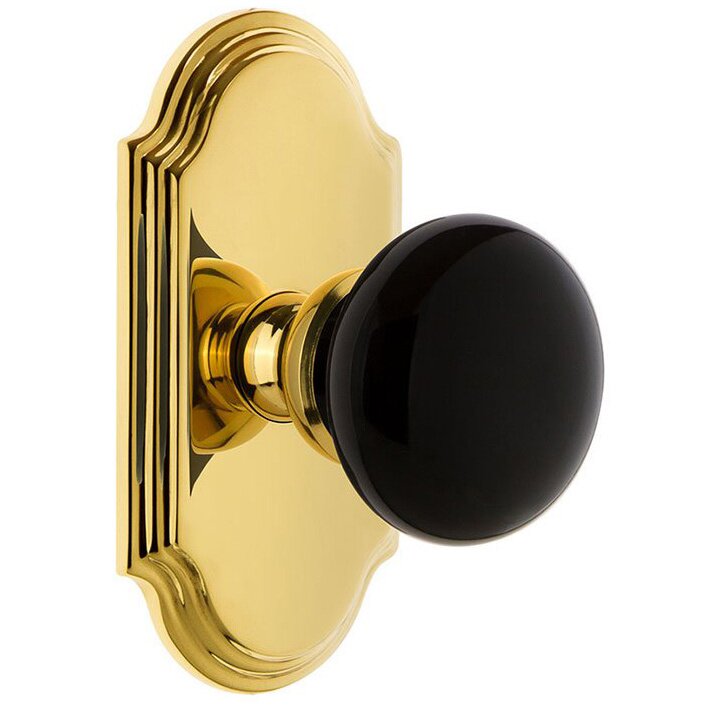 Passage - Arc Rosette with Black Coventry Porcelain Knob in Polished Brass