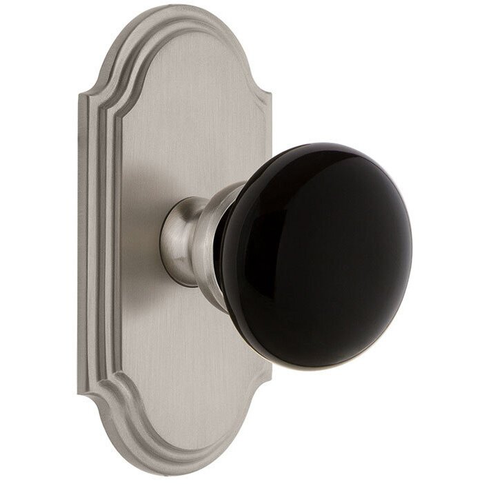 Passage - Arc Rosette with Black Coventry Porcelain Knob in Satin Nickel
