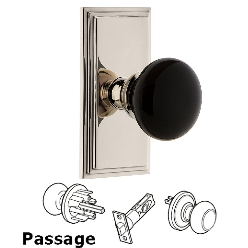 Passage - Carre Rosette with Black Coventry Porcelain Knob in Polished Nickel