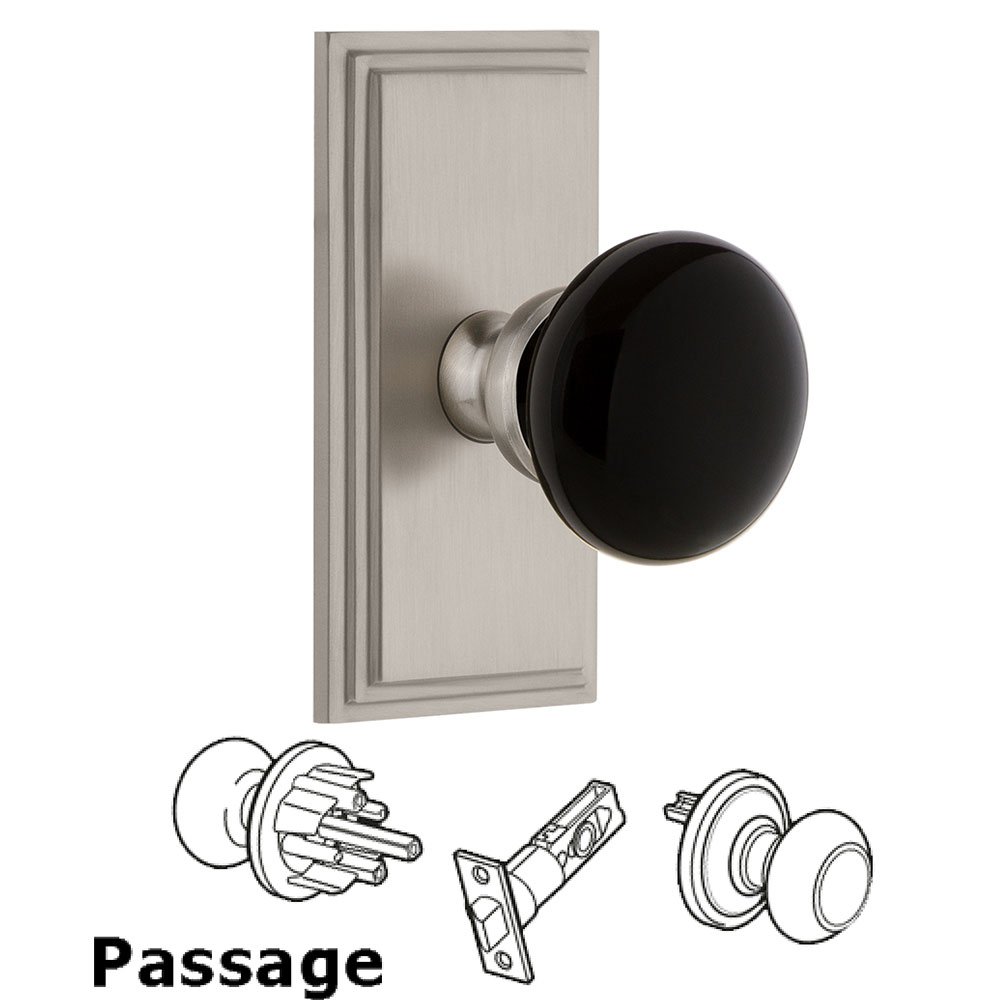 Passage - Carre Rosette with Black Coventry Porcelain Knob in Satin Nickel