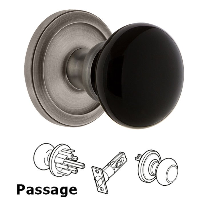 Passage - Circulaire Rosette with Black Coventry Porcelain Knob in Antique Pewter