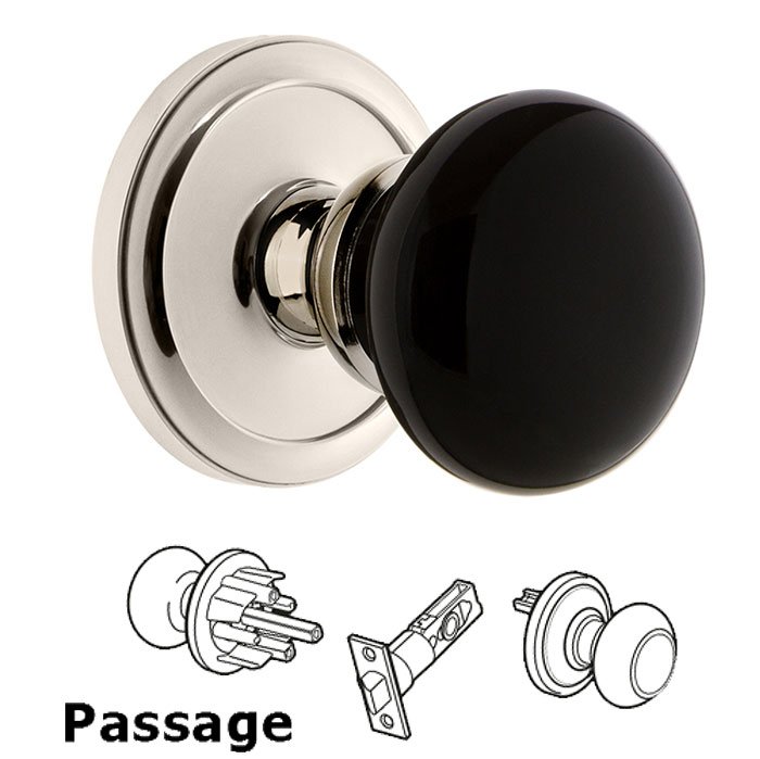 Passage - Circulaire Rosette with Black Coventry Porcelain Knob in Polished Nickel