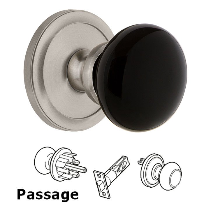 Passage - Circulaire Rosette with Black Coventry Porcelain Knob in Satin Nickel
