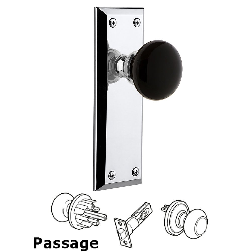Passage - Fifth Avenue Rosette with Black Coventry Porcelain Knob in Bright Chrome