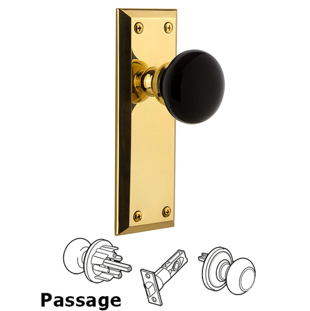Passage - Fifth Avenue Rosette with Black Coventry Porcelain Knob in Lifetime Brass