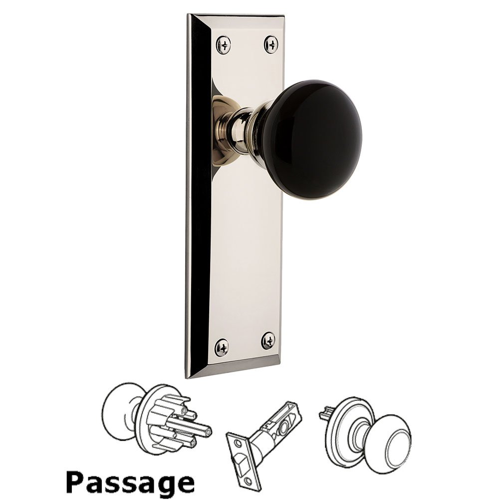 Passage - Fifth Avenue Rosette with Black Coventry Porcelain Knob in Polished Nickel