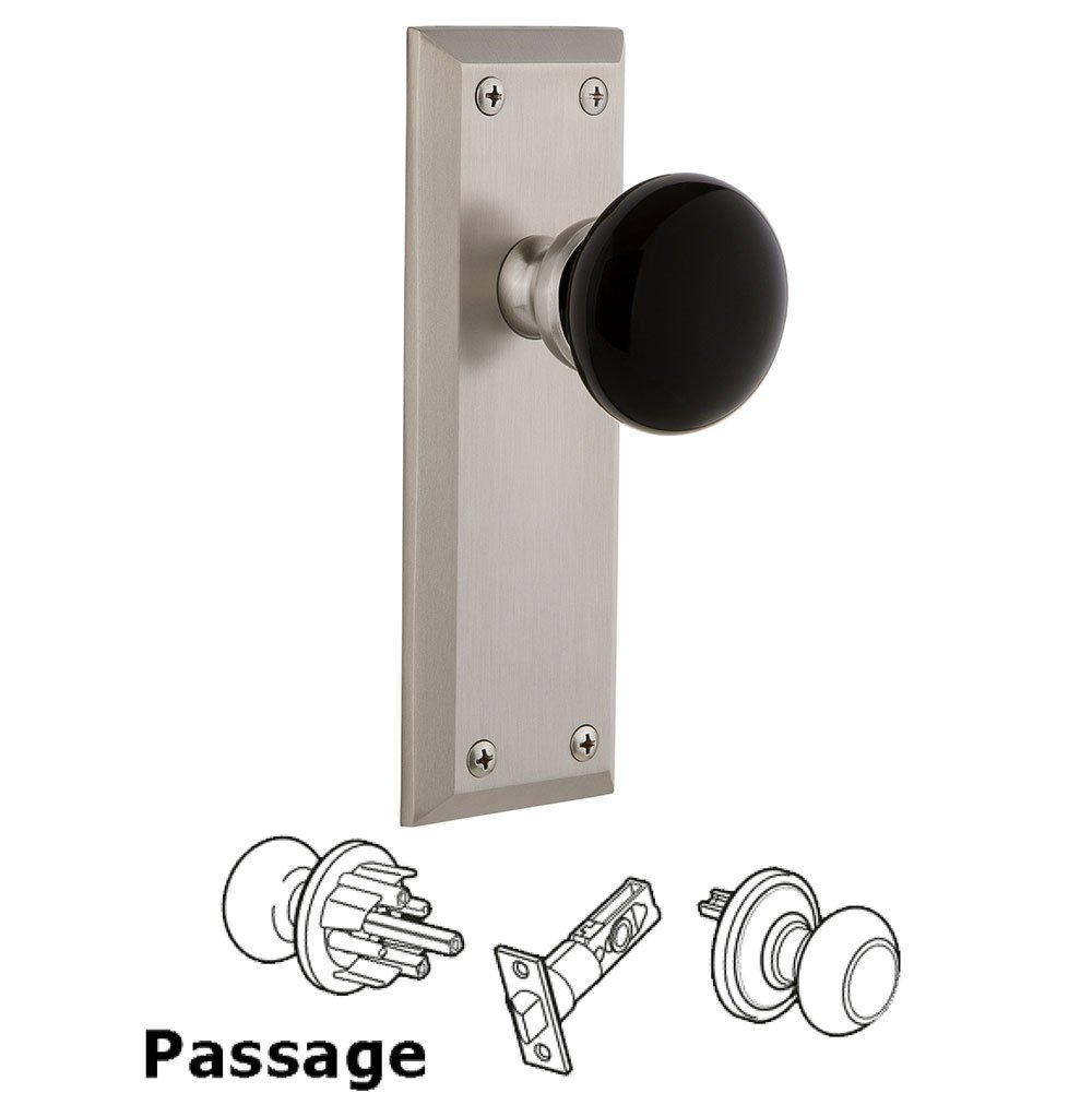 Passage - Fifth Avenue Rosette with Black Coventry Porcelain Knob in Satin Nickel