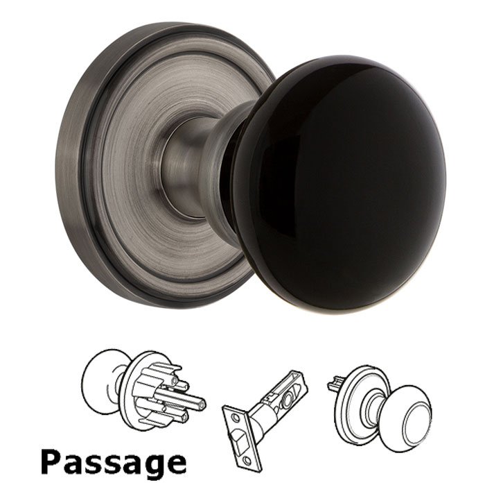 Passage - Georgetown Rosette with Black Coventry Porcelain Knob in Antique Pewter