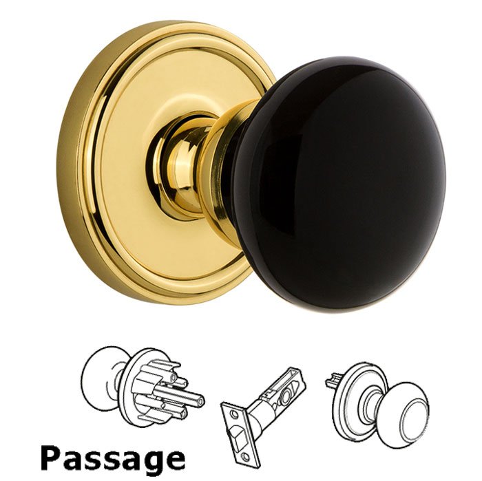 Passage - Georgetown Rosette with Black Coventry Porcelain Knob in Lifetime Brass