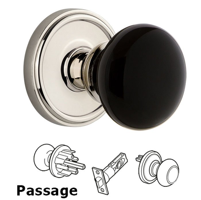 Passage - Georgetown Rosette with Black Coventry Porcelain Knob in Polished Nickel