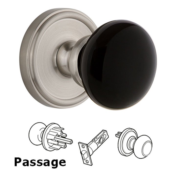 Passage - Georgetown Rosette with Black Coventry Porcelain Knob in Satin Nickel