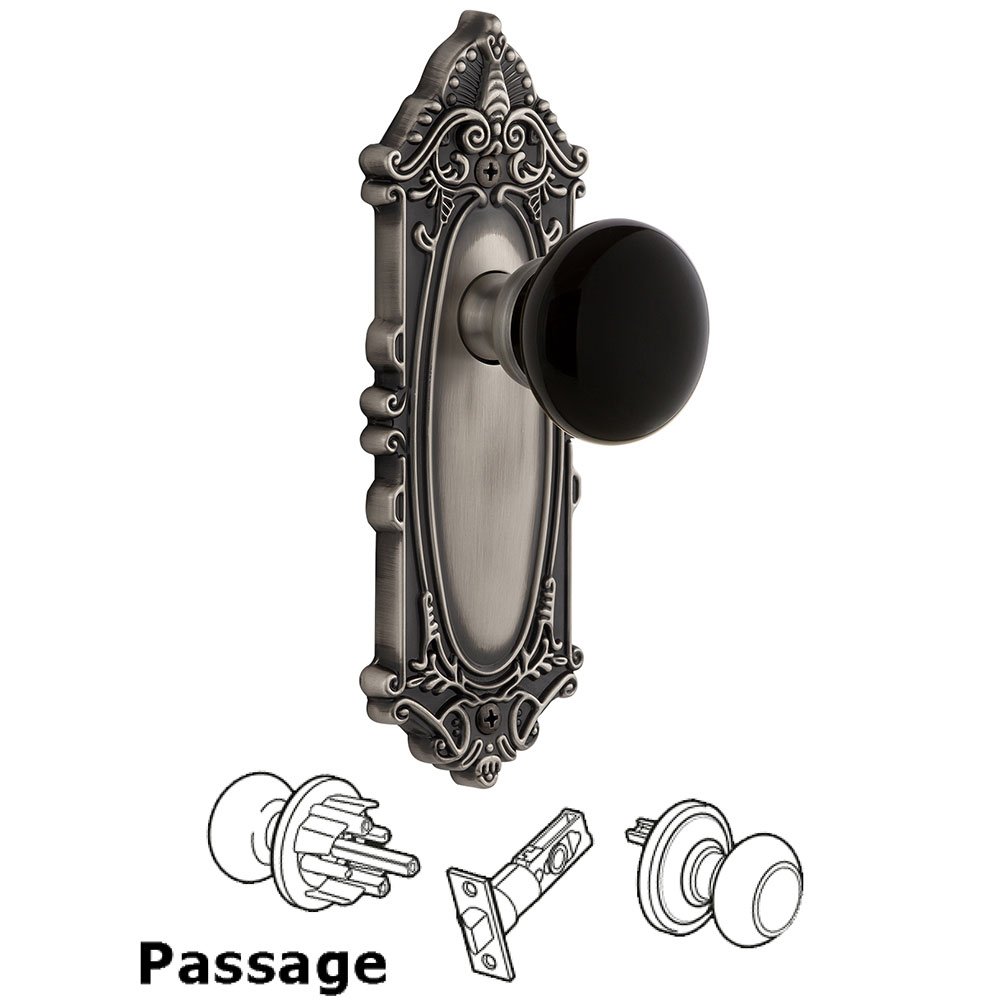 Passage - Grande Victorian Rosette with Black Coventry Porcelain Knob in Antique Pewter