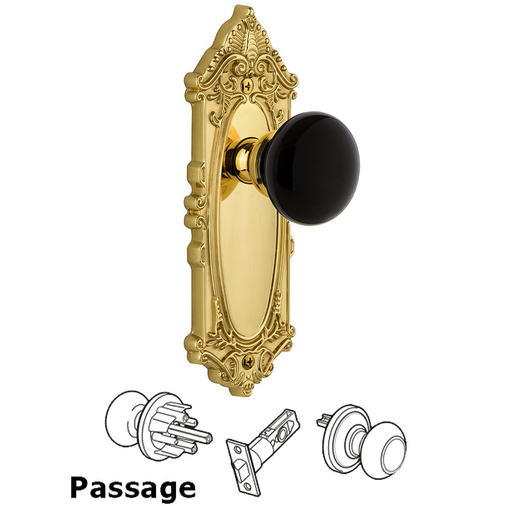 Passage - Grande Victorian Rosette with Black Coventry Porcelain Knob in Polished Brass