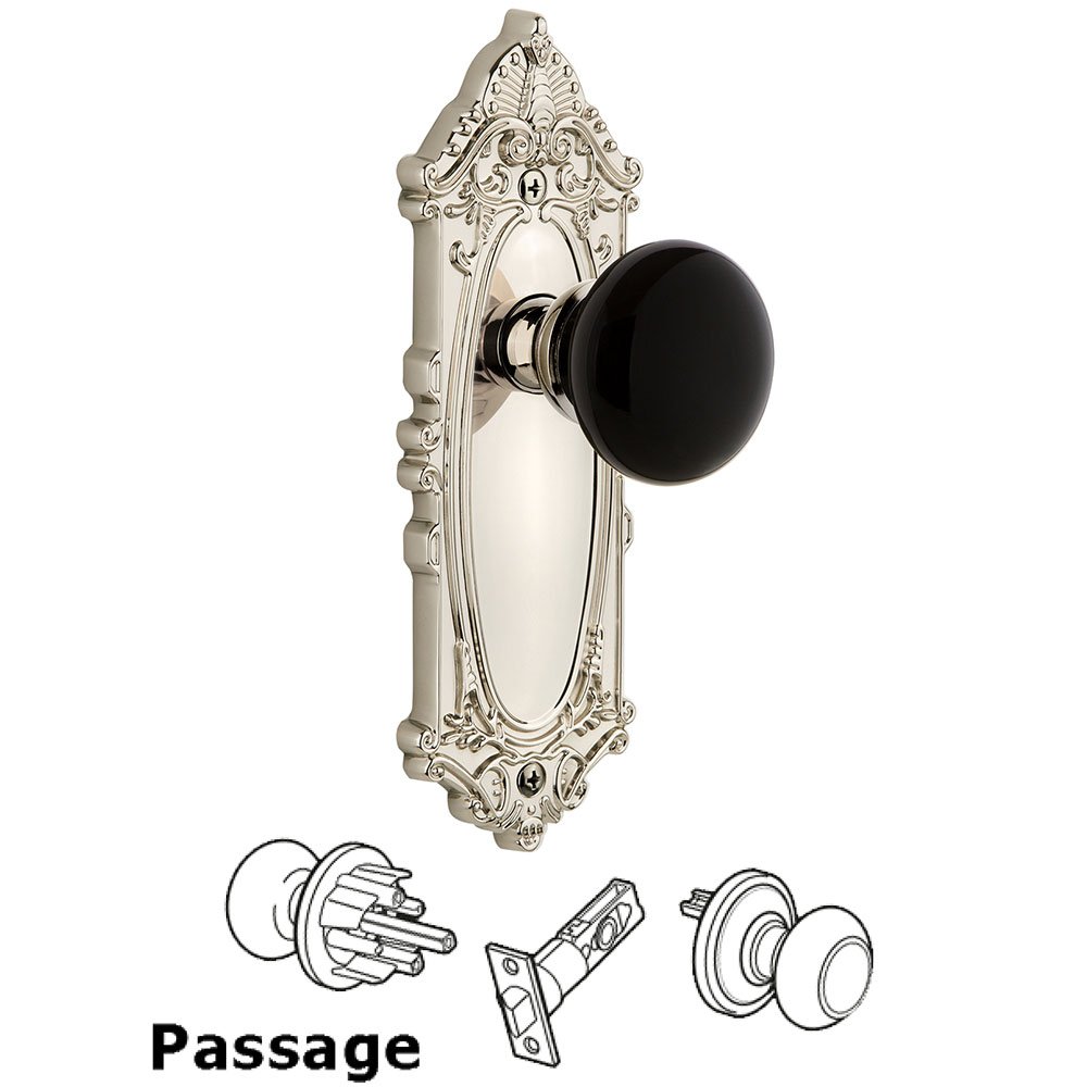 Passage - Grande Victorian Rosette with Black Coventry Porcelain Knob in Polished Nickel