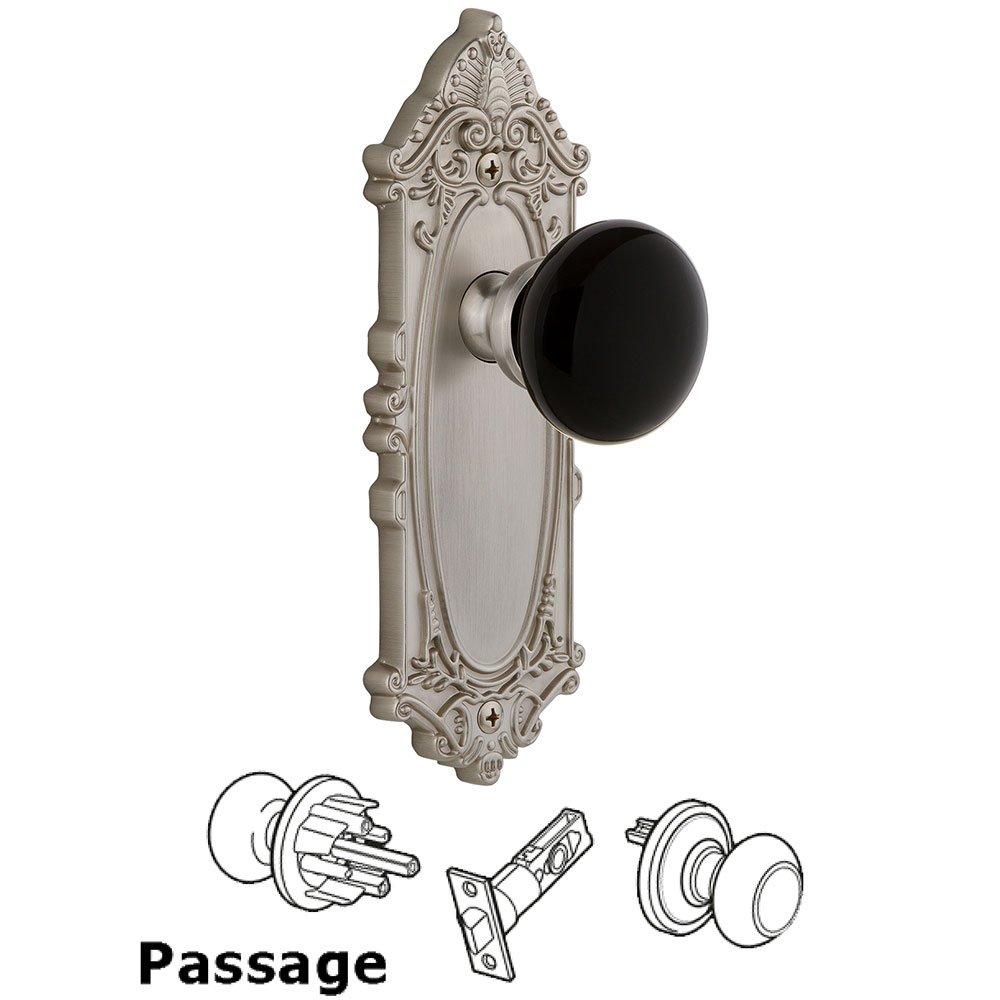 Passage - Grande Victorian Rosette with Black Coventry Porcelain Knob in Satin Nickel