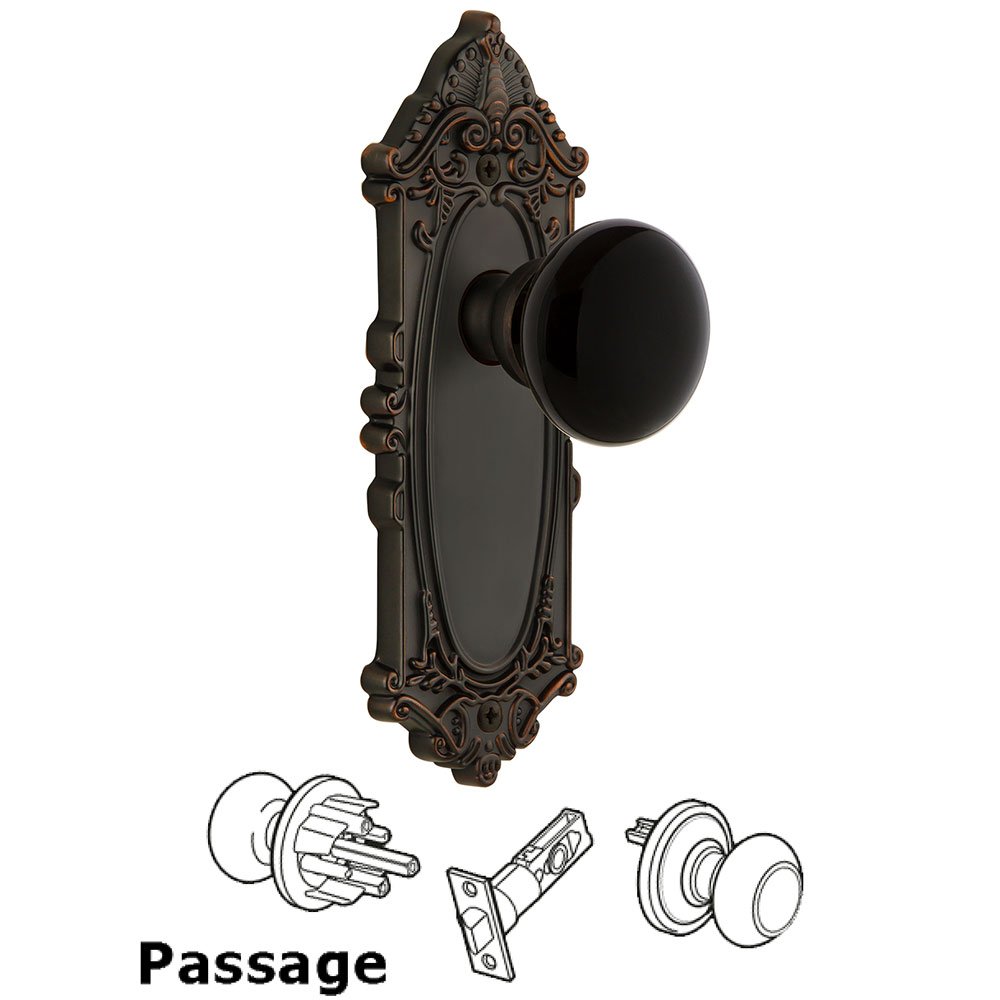 Passage - Grande Victorian Rosette with Black Coventry Porcelain Knob in Timeless Bronze