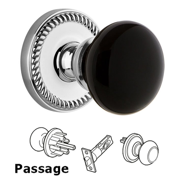 Passage - Newport Rosette with Black Coventry Porcelain Knob in Bright Chrome