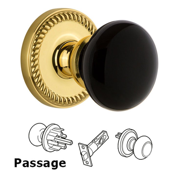 Passage - Newport Rosette with Black Coventry Porcelain Knob in Polished Brass