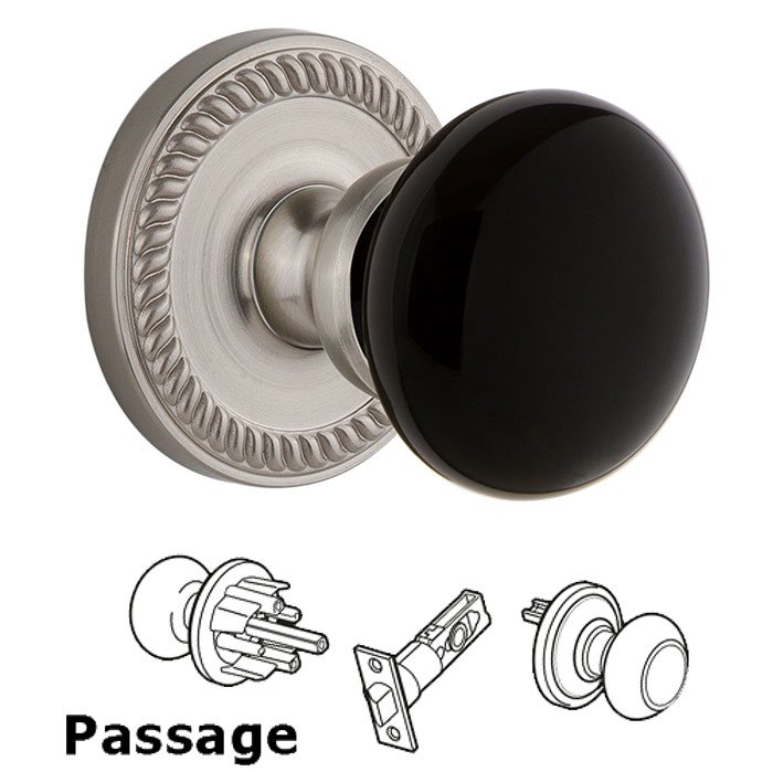 Passage - Newport Rosette with Black Coventry Porcelain Knob in Satin Nickel