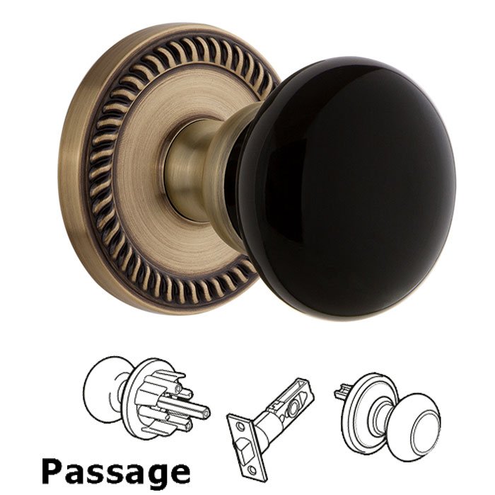 Passage - Newport Rosette with Black Coventry Porcelain Knob in Vintage Brass