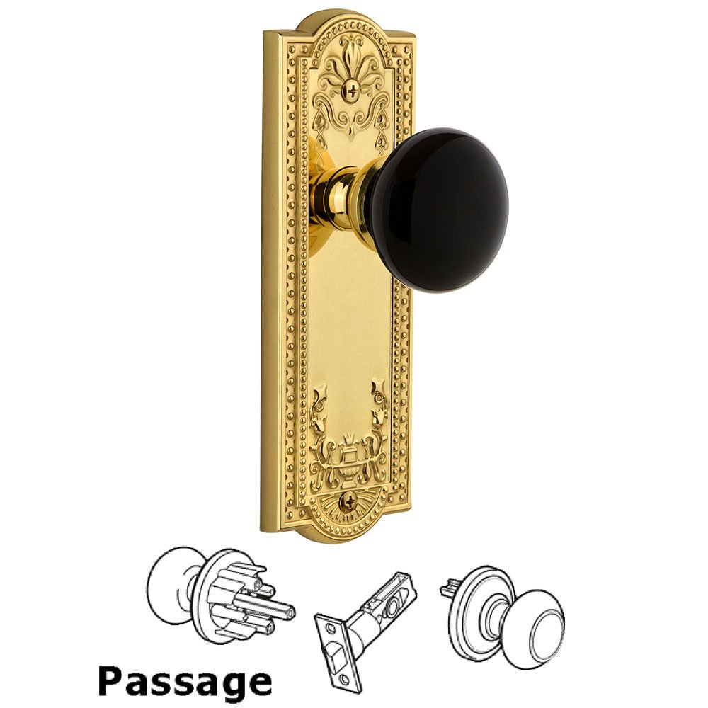 Passage - Parthenon Rosette with Black Coventry Porcelain Knob in Polished Brass