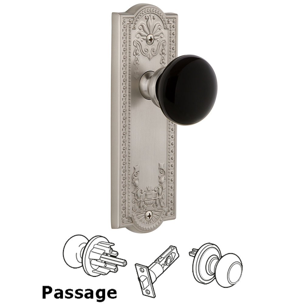Passage - Parthenon Rosette with Black Coventry Porcelain Knob in Satin Nickel