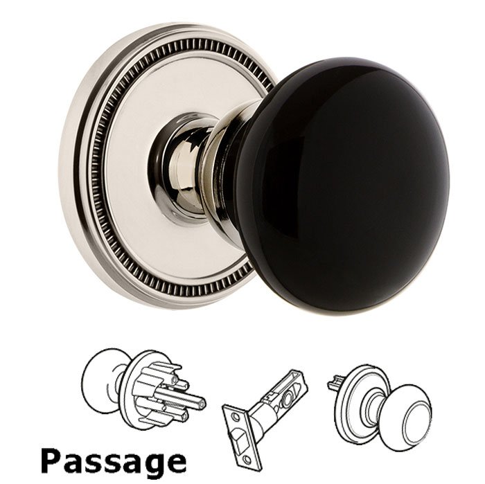 Passage - Soleil Rosette with Black Coventry Porcelain Knob in Polished Nickel