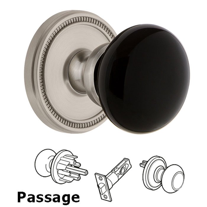 Passage - Soleil Rosette with Black Coventry Porcelain Knob in Satin Nickel