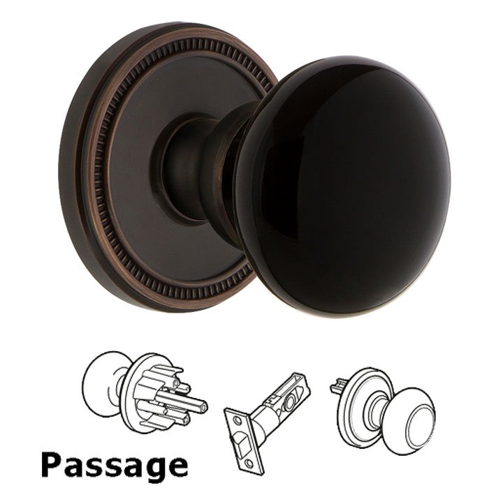 Passage - Soleil Rosette with Black Coventry Porcelain Knob in Timeless Bronze